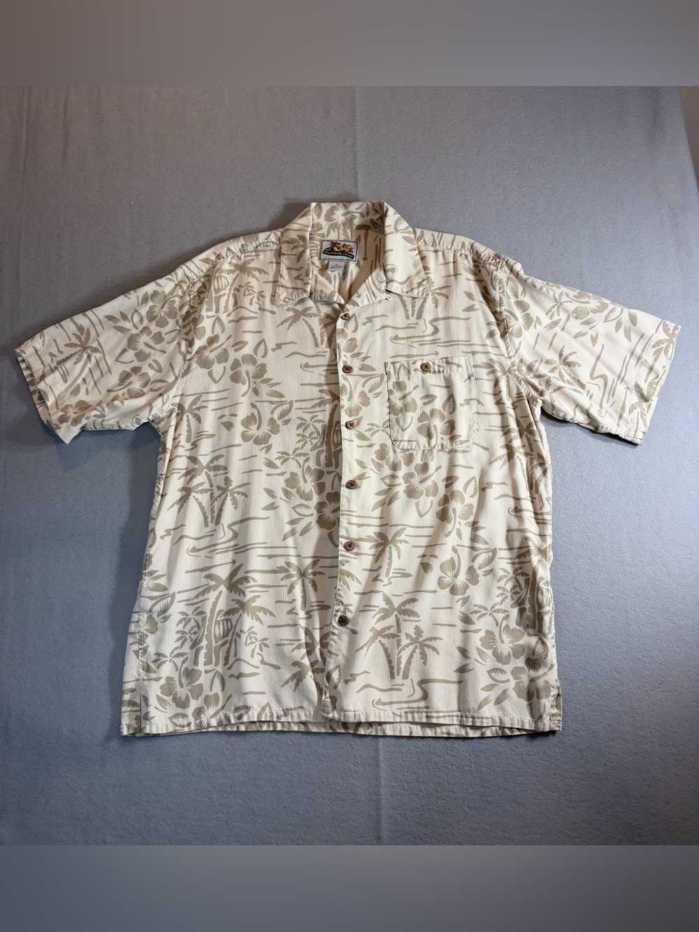 Silk Hawaiian Shirt XL Beige Tropical Button Up Mens